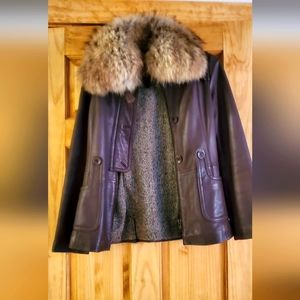 Mackage brown leather jacket with racoon fur